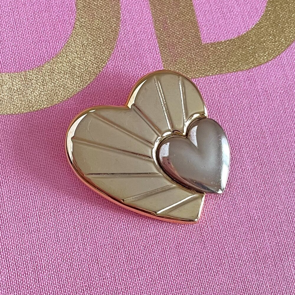 Vintage LORIS AZZARO Gold & Silver Tone Double Heart Signed Designer Brooch
